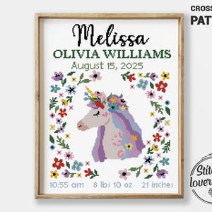 Patrón de punto de cruz para anuncio de nacimiento de unicornio (PDF) / Regalo para baby shower / Gráfico de punto de cruz fácil de hacer