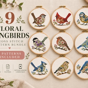 May include: A digital cross stitch pattern bundle titled 9 Floral Songbirds featuring nine circular embroidery hoops, each displaying a unique bird design decorated with floral elements, including instant download and PDF icons.