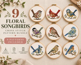 May include: A digital cross stitch pattern bundle titled 9 Floral Songbirds featuring nine circular embroidery hoops, each displaying a unique bird design decorated with floral elements, including instant download and PDF icons.