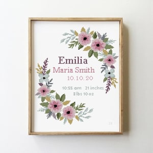 Floral wreath birth announcement counted cross stitch pattern flowers baby sampler new baby - Cross Stitch Pattern (Digital Format - PDF)