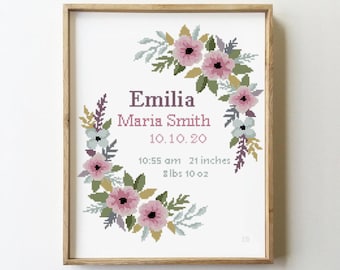 May include: A framed floral wreath with pink and white flowers, green leaves, and gold accents. The wreath surrounds a text block with the name "Emilia Maria Smith", the date "10.10.20", the time "10:55 am", the length "21 inches", and the weight "8 lbs 10 oz".