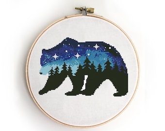 Patrón de punto de cruz "Oso Cielo Estrellado": Paisaje Forestal (Patrón PDF)
