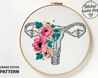 Puede incluir: Patrón de punto de cruz de un útero con flores rosas y blancas. El patrón está en un aro de bordado de madera. El texto "CROSS STITCH PATTERN" está en la parte inferior de la imagen.