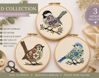 Floral Bird Cross Stitch Bundle, Cottagecore Bird Embroidery PDF, Sparrow Chickadee Bluebird Xstitch Set, Instant Download