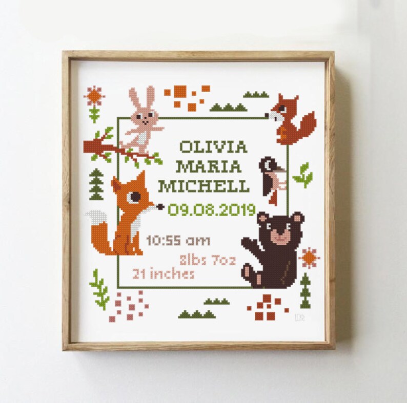 Forest animals cross stitch birth announcement animal fox wild Etsy