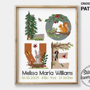 Schema per punto croce con animali della foresta / Regalo per baby shower con tema natura / Schema fai da te per il bosco