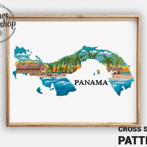 Modèle de point de croix de Panama | Silhouette pays PDF | Broderie de voyage moderne | Panama, carte du monde | Téléchargement instantané