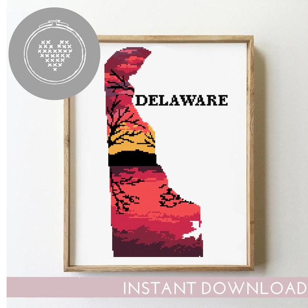 Delaware state counted cross stitch pattern skyline landscape USA starry night city town sky - Cross Stitch Pattern (Digital Format - PDF)