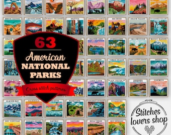 63 National Parks Cross Stitch Patterns: USA Travel Sampler (Digital PDF Bundle)