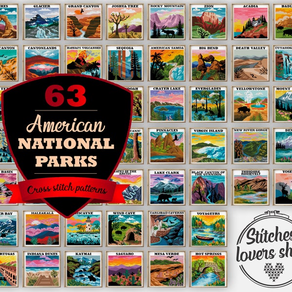 PRINTABLE 63 National Parks cross stitch patterns counted modern xstitch - Cross Stitch Pattern (Digital Format - PDF)