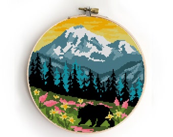 Mount Rainier national park counted cross stitch pattern Washington wild landscape mountains - Cross Stitch Pattern (Digital Format - PDF)