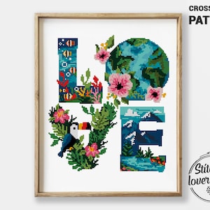 Earth Day kruissteekpatroon PDF | HOUD van natuur oerwoud oceaanontwerp | Toekanvogels Planten Sampler | Getelde doe-het-zelf-steekkaart