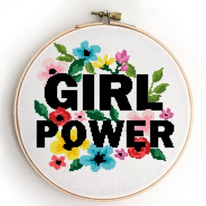 Girl Power geteld kruissteekpatroon bloemen pioenroos bladeren citaat feministische eenvoudige grafiek - kruissteekpatroon (digitaal formaat - pdf)