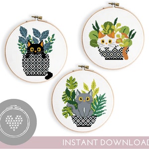Set of 3 Cats Cross Stitch Patterns | Cute Cats in Plants | Animal & Leaves Embroidery | PDF Chart Download | DIY Cat Stitch Design