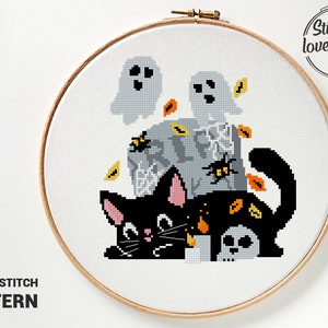 Halloween kitten kruissteekpatroon gemakkelijk te volgen DIY-cadeaukaart moderne dieren xstitch kat - kruissteekpatroon (digitaal formaat - pdf)