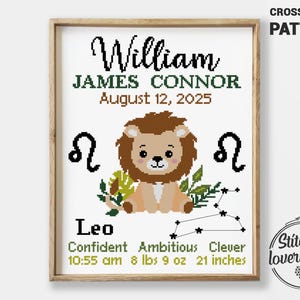 Löwe Geburtsankündigung Kreuzstichmuster PDF | Sternzeichen Baby Sampler | Modernes DIY Design | Gezählte XStichkarte