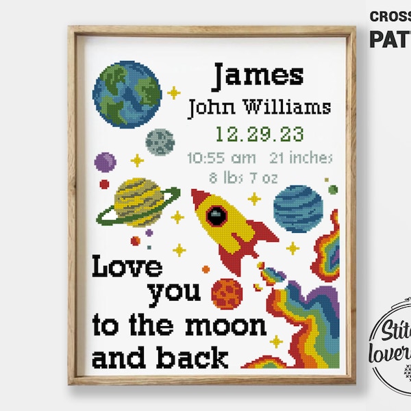 Space cross stitch pattern birth announcement baby xstitch DIY easy chart - Cross Stitch Pattern (Digital Format - PDF)