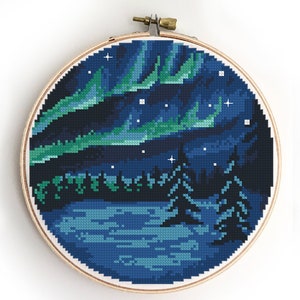 Northern Lights Cross Stitch Pattern: Galaxy Forest Landscape (PDF)