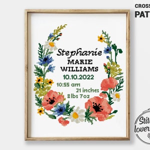 Bloemen geboortekaartje kruissteekpatroon krans bloemen wilde bloemen geteld grafiek DIY - kruissteekpatroon (digitaal formaat - pdf)