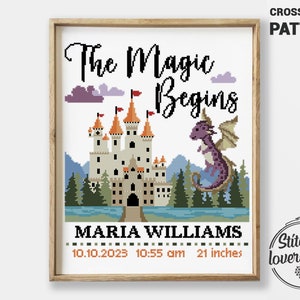 Anuncio de nacimiento de dragón y castillo / Patrón de punto de cruz en PDF / Gráfico de bordado de fantasía contado
