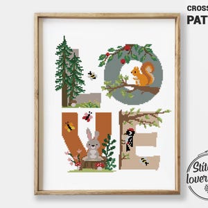 Patrón de punto de cruz "Amor y animales del bosque" / Regalo para bebé "Naturaleza del bosque" en PDF / Gráfico moderno "DIY"