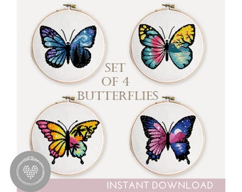 Set of 4 butterflies with landscape inside counted cross stitch patterns nature animal easy - Cross Stitch Pattern (Digital Format - PDF)