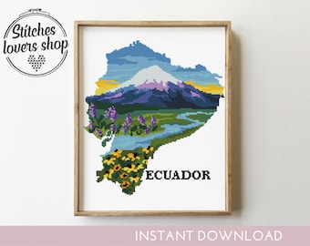 Ecuador Landscape Cross Stitch Pattern – Nature Silhouette (PDF Pattern)