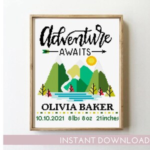 Mountains birth announcement counted cross stitch pattern nursery baby kids girl boy adventure - Cross Stitch Pattern (Digital Format - PDF)