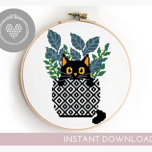 Kat in plant kruissteekpatroon dierenpotten bladeren dier steekkaart DIY schattig geteld - kruissteekpatroon (digitaal formaat - pdf)