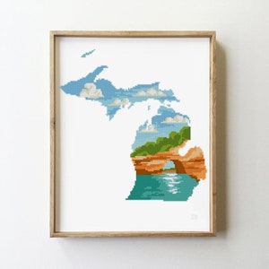 Michigan State Cross Stitch Pattern PDF | Starry Night Skyline & Landscape | USA City Silhouette Xstitch Chart