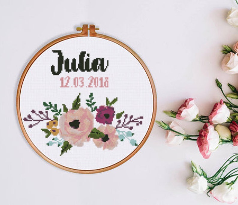 Floral birth announcement flowers baby girl sampler decor Etsy