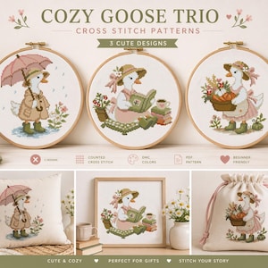 May include: The image showcases a cross-stitch pattern set titled "COZY GOOSE TRIO." It features three charming goose designs in embroidery hoops, a pillow, a framed piece, and a drawstring bag. The designs include geese with umbrellas, reading, and carrying baskets. The color palette is soft and pastel.