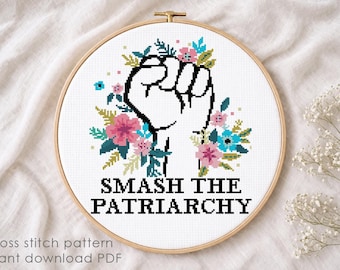 Padrão de Ponto Cruz "Punho Floral Esmagando o Patriarcado" (Download em PDF)