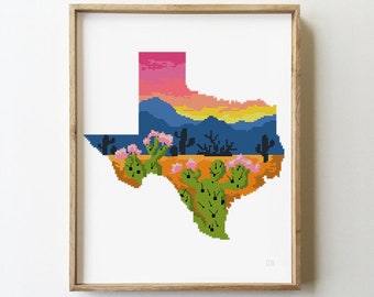 Texas state counted cross stitch pattern skyline landscape USA starry night city town nature - Cross Stitch Pattern (Digital Format - PDF)