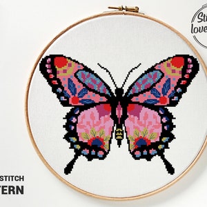 Floral butterfly cross stitch pattern count landscape nature xstitch DIY chart silhouette - Cross Stitch Pattern (Digital Format - PDF)