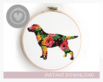 Silhouette de chien floral compté motif de point de croix silhouette animal pépinière design cadeau facile - Cross Stitch Pattern (Format numérique - PDF)