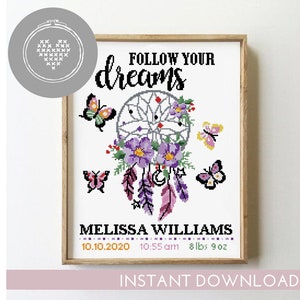 Padrão de ponto cruz de apanhador de sonhos | Anúncio de nascimento de borboleta | Decoração floral para quarto de bebê | Bordado para menina | Gráfico em PDF de ponto X contado