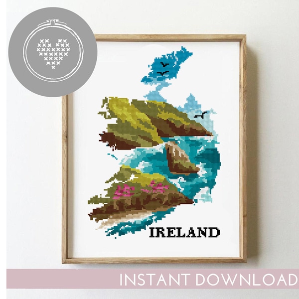 Irlande motif de point de croix montagnes paysage nature xstitch DIY tableau point de silhouette - Modèle de point de croix (Format numérique - PDF)