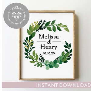 Groen bruiloft krans kruissteekpatroon DIY bloemen bloemen kaart eucalyptus save the date - kruissteekpatroon (digitaal formaat - pdf)