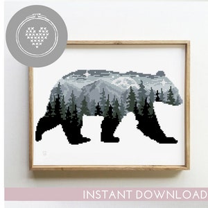 Bear counted cross stitch pattern landscape woodland forest mountains nature wild tree animal - Cross Stitch Pattern (Digital Format - PDF)