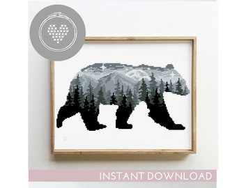 Bear Landscape Cross Stitch Pattern: Woodland Forest Design (PDF)