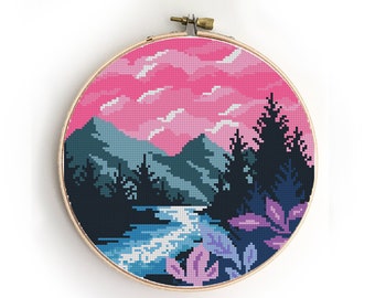 Galaxy Landscape Cross Stitch Pattern: Modern Abstract Forest (PDF)