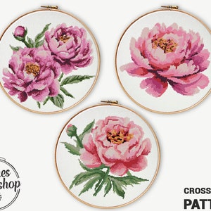 Set van 3 pioenrozen kruissteek patronen aquarel bloemen grafiek huis DIY instant download pdf - kruissteekpatroon (digitaal formaat - pdf)