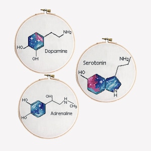 Set of 3 molecules Dopamine Adrenaline Serotonin counted cross stitch pattern xstitch anatomy - Cross Stitch Pattern (Digital Format - PDF)