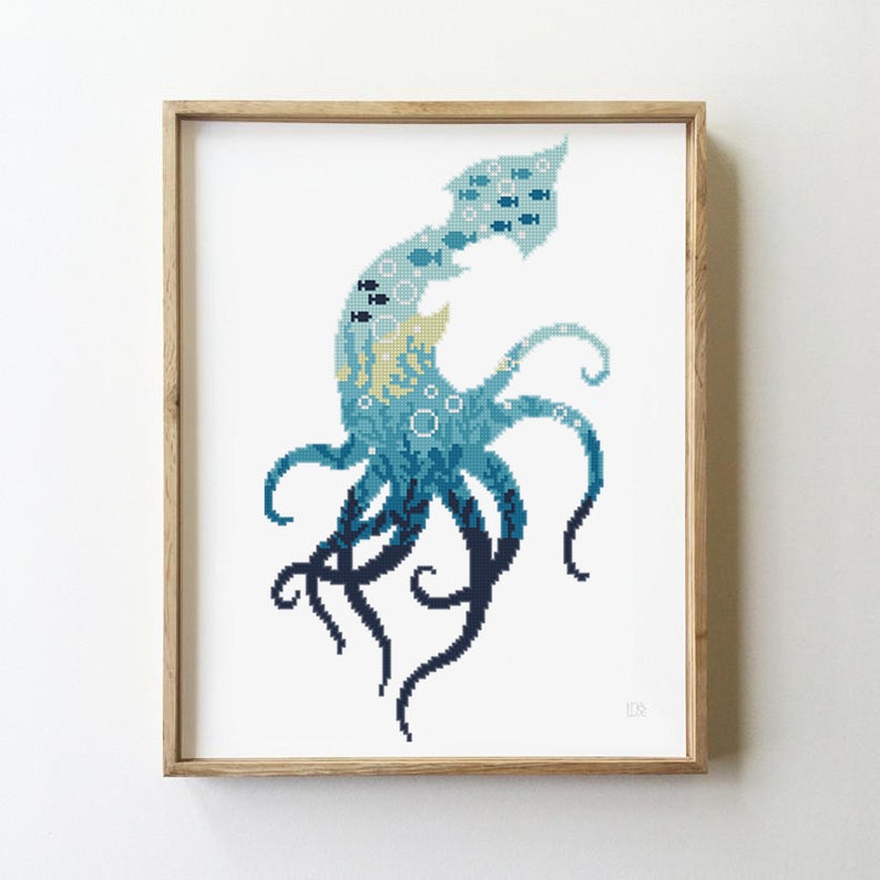 Squid Counted Cross Stitch Pattern Sea Ocean Animal Fish Etsy