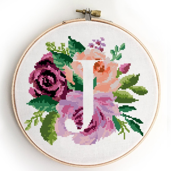 Letter J counted cross stitch pattern monogram floral peony roses bouquet nursery baby wedding - Cross Stitch Pattern (Digital Format - PDF)