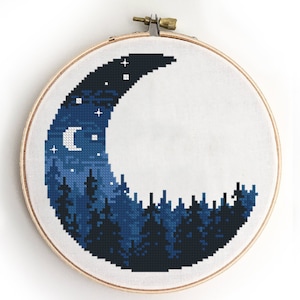 Landscape in half of moon counted cross stitch pattern forest mountains wood tree stars sky - Cross Stitch Pattern (Digital Format - PDF)