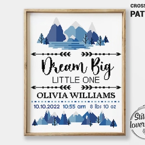 Mountains birth announcement counted cross stitch pattern nursery baby kids girl boy adventure - Cross Stitch Pattern (Digital Format - PDF)