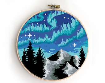 Northern Lights Cross Stitch Pattern: Galaxy Landscape (PDF Pattern)
