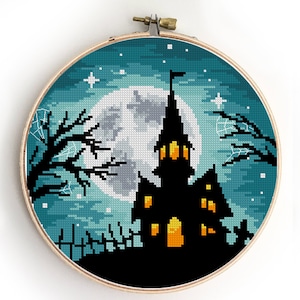 Halloween-kasteel geteld kruissteekpatroon maan nachtelijke hemel spookachtig donker eenvoudig kaartlandschap - kruissteekpatroon (digitaal formaat - pdf)